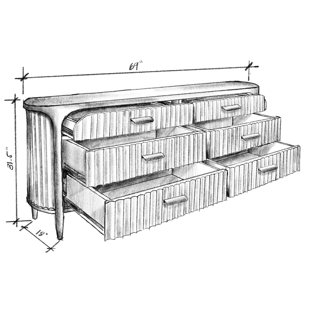 Pencil sketch of a custom fluted dresser with dimensions