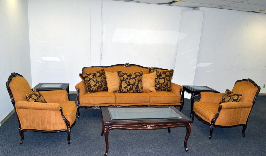 Carved wood living room sofa set upholstered in gold fabric