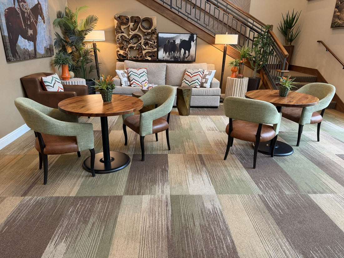 Lounge and dining furniture in a hospitality common area