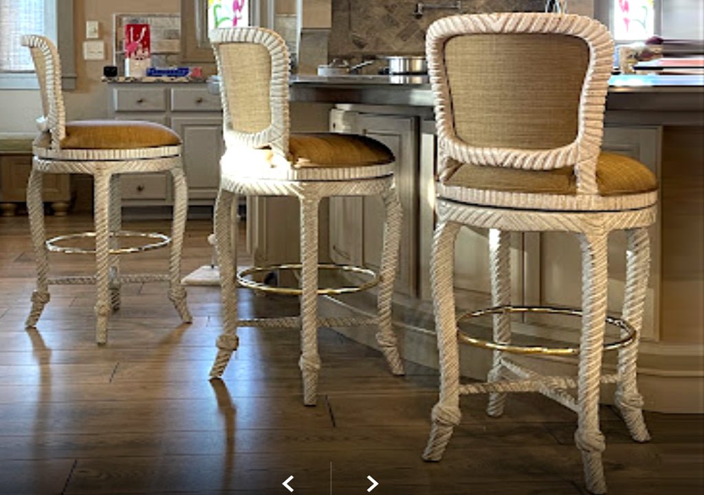 Rope swivel barstools in a natural wood finish