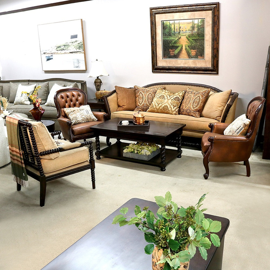 Living room set with traditional carved sofas and armchairs